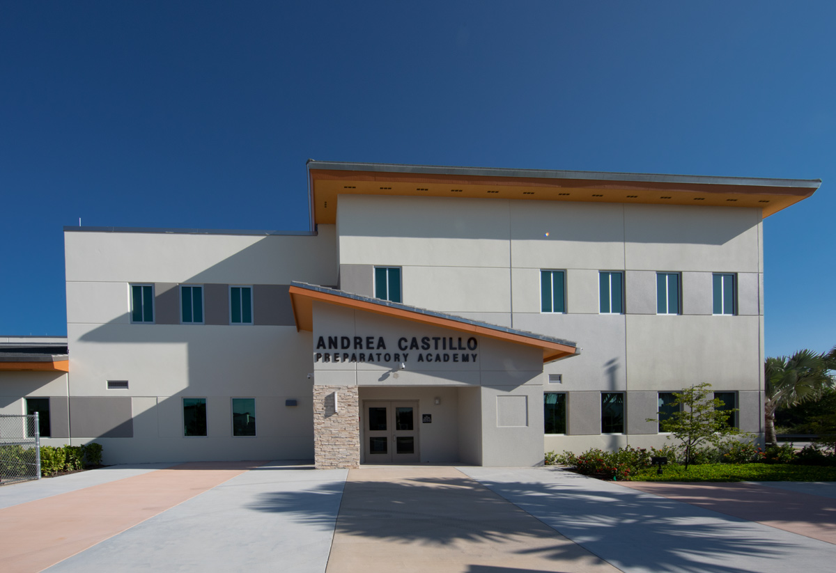 Architectural entrance view of Andrea Castillo K8 school.